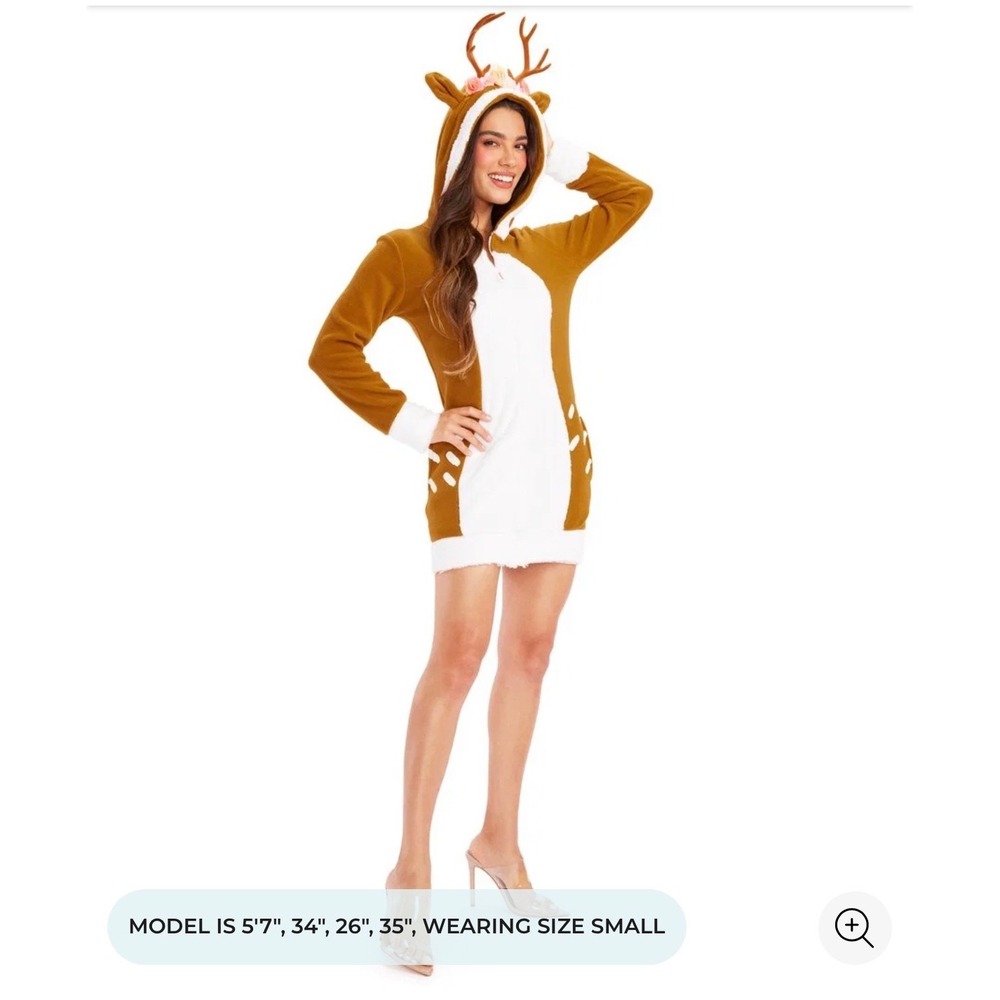 Tipsy Elves Deer Costume Dress Brown Fleece Antlers Floral Hooded Women XS